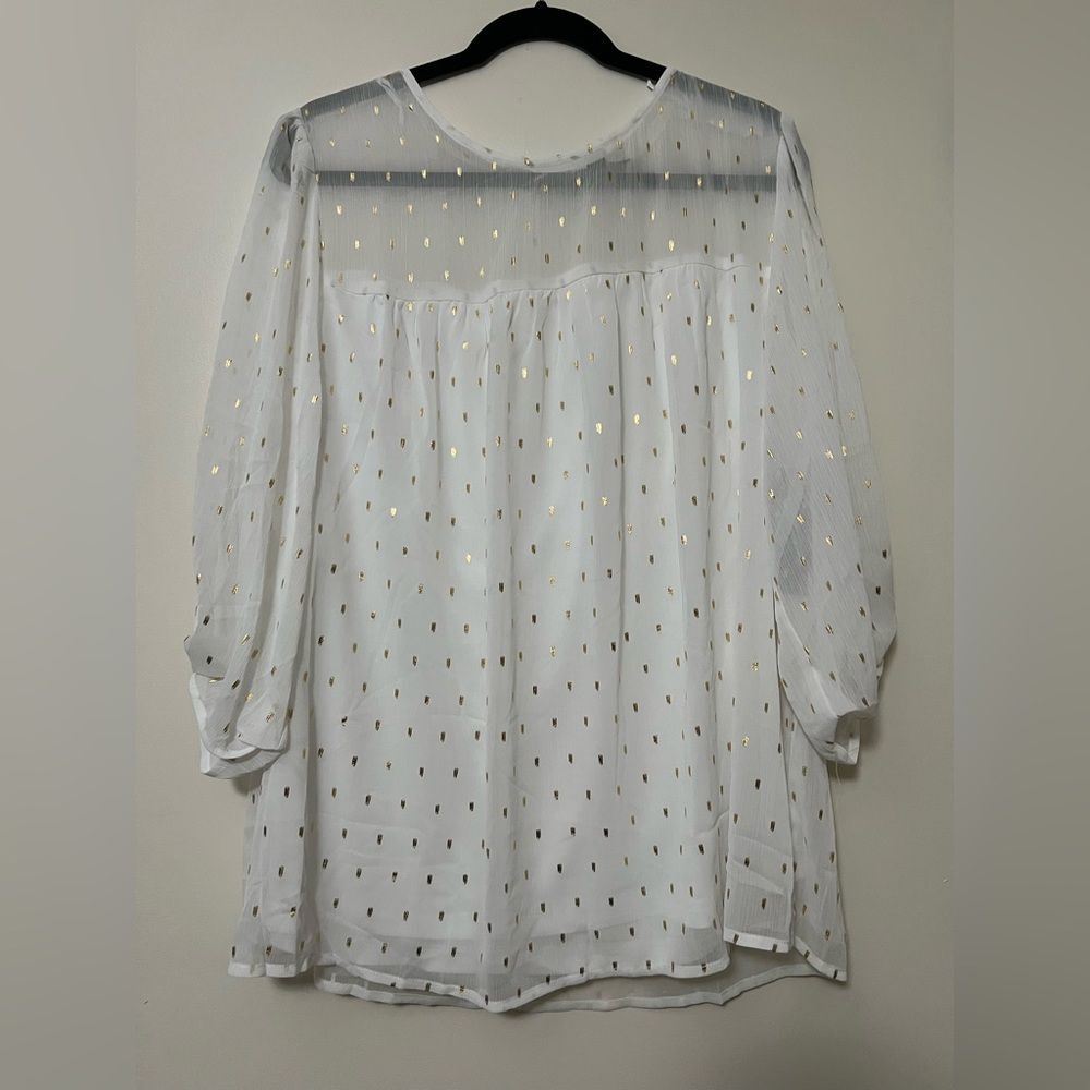 Sara Michelle White Sheer Gold Metallic Dot Blouse 2X